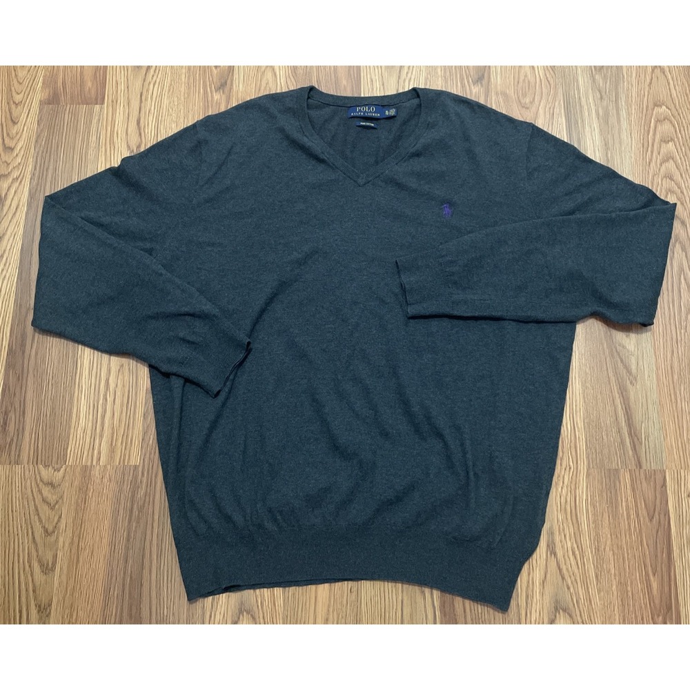 Polo Ralph Lauren Sweater Mens Extra Large V Neck Pima Cotton Gray Pullover